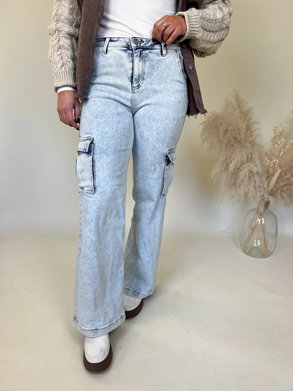RISEN Light Wash Cargo Wide-Leg Jeans - Women